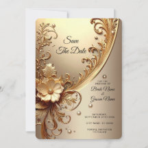 Goldene Verzierte Blumen Hochzeitseinladung Vorab