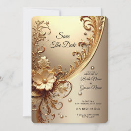 Goldene Verzierte Blumen Hochzeitseinladung Vorab Save The Date