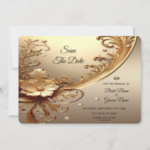 Goldene Verzierte Blumen Hochzeitseinladung Vorab