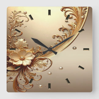 Goldene Verzierte Blumenwanduhr Quadratische Wanduhr