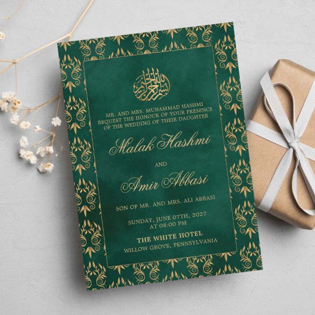 Goldene Verzierte Muster Grüne islamische Hochzeit Einladung (Von Creator hochgeladen)