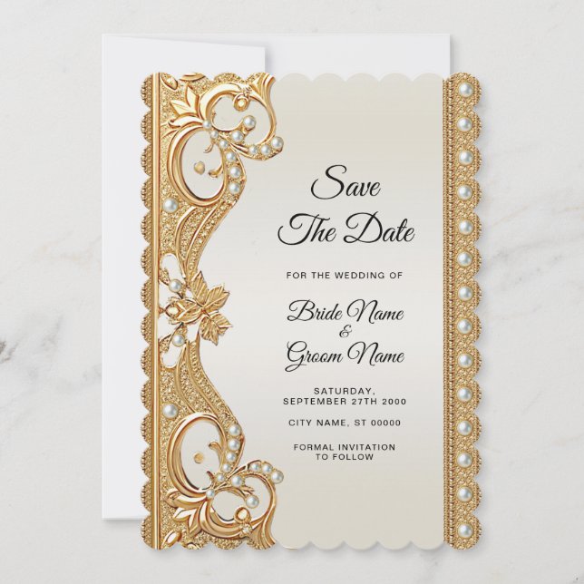 Goldene Verzierte Perlen Save the Date (Vorderseite)