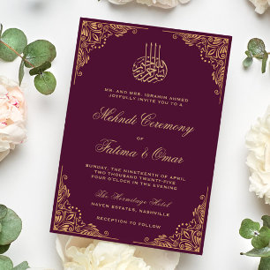 Goldene Verzierte Plum Islamische Mehndi-Zeremonie Einladung