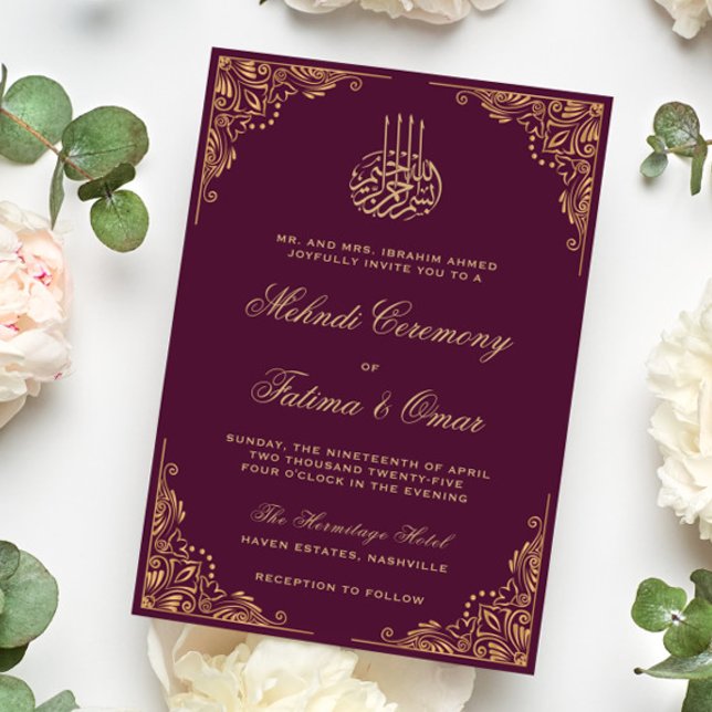 Goldene Verzierte Plum Islamische Mehndi-Zeremonie Einladung (Von Creator hochgeladen)