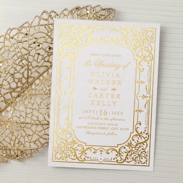 Goldene verzierte romantische Hochzeit Folieneinladung (Gold elegant ornate romantic vintage wedding foil invitation)