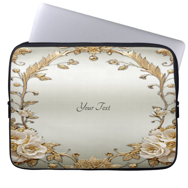 Goldene Verzierte weiße Blume Laptop-Sieb Laptopschutzhülle (Vorderseite)