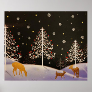 Goldene Vintage Hirschfamilie im Schneewald Poster