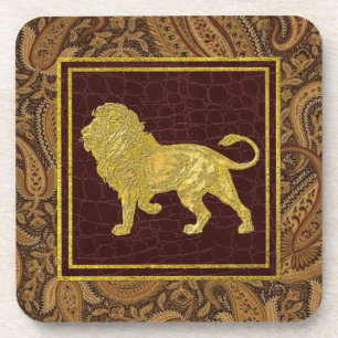 Goldene Vintage-Löwen-Paisley- und Leder-Muster Getränkeuntersetzer
