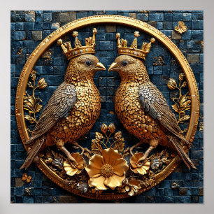 👑 Goldene Vögel Kronen-Mosaik Elegante Luxus-Kuns Poster