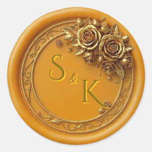 Goldene Wachssiegel-Rosen-Hochzeits-Monogramm-Aufk Runder Aufkleber