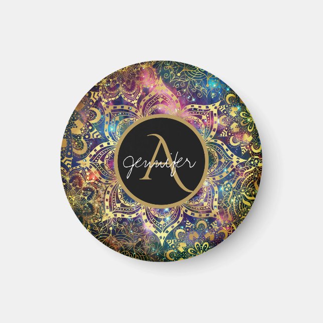 Goldene Wasserfarbe und Nebel Blumenmandala Magnet (Vorne)