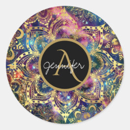 Goldene Wasserfarbe und Nebel Blumenmandala Runder Aufkleber