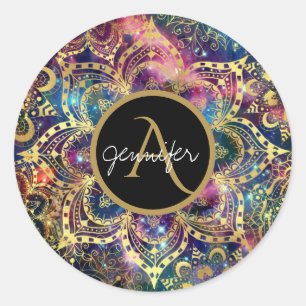 Goldene Wasserfarbe und Nebel Blumenmandala Runder Aufkleber