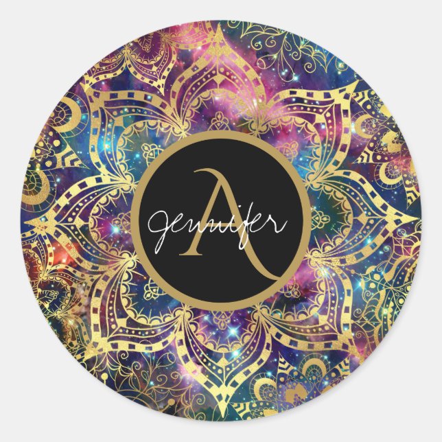 Goldene Wasserfarbe und Nebel Blumenmandala Runder Aufkleber (Vorderseite)