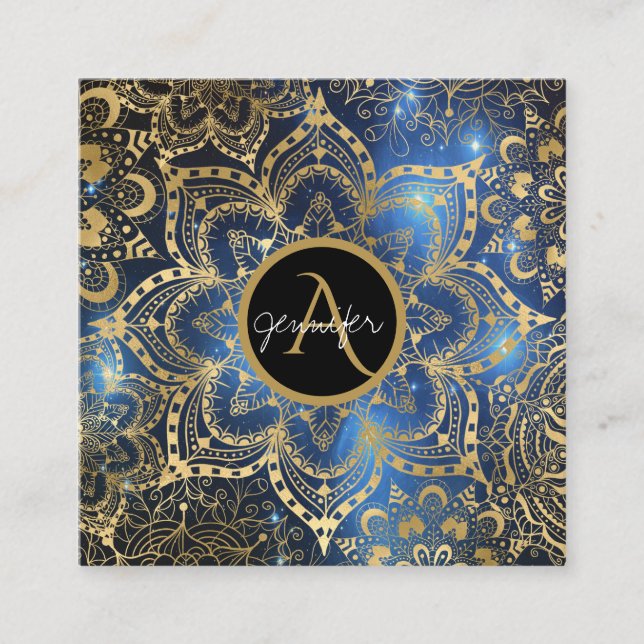 Goldene Wasserfarbe und Nebula Mandala Blau Quadratische Visitenkarte (Vorderseite)