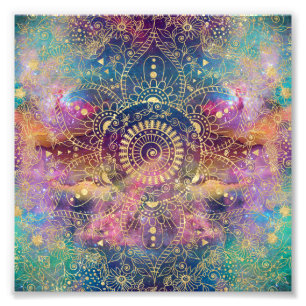 Goldene Wasserfarbe und Nebula Mandala Fotodruck