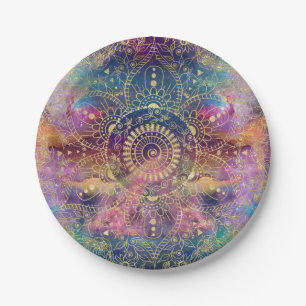 Goldene Wasserfarbe und Nebula Mandala Pappteller