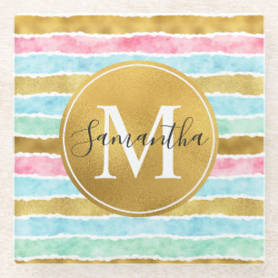 Goldene Wasserfarben-Streifen-Monogramm Glasuntersetzer