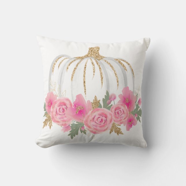 Goldene Wasserfarbenkürbis Rosa Floral Kissen (Vorderseite)