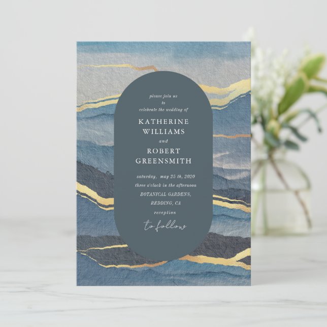 goldene Wasserfarbenlandschaft Einladung Hochzeit (Stehend Vorderseite)