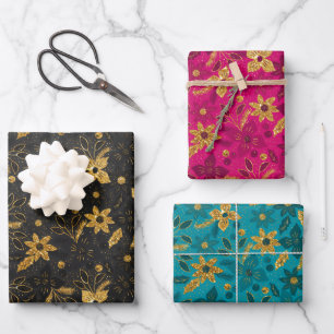Goldene Weihnachts-Poinsettien-Blumen Geschenkpapier Set