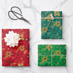 Goldene Weihnachts-Poinsettien-Blumen Geschenkpapier Set
