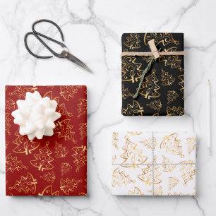Goldene Weihnachtsbäume auf Rot, Schwarz, Weiß Geschenkpapier Set