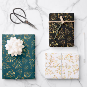 Goldene Weihnachtsbäume auf Türkisblau, Schwarz, W Geschenkpapier Set