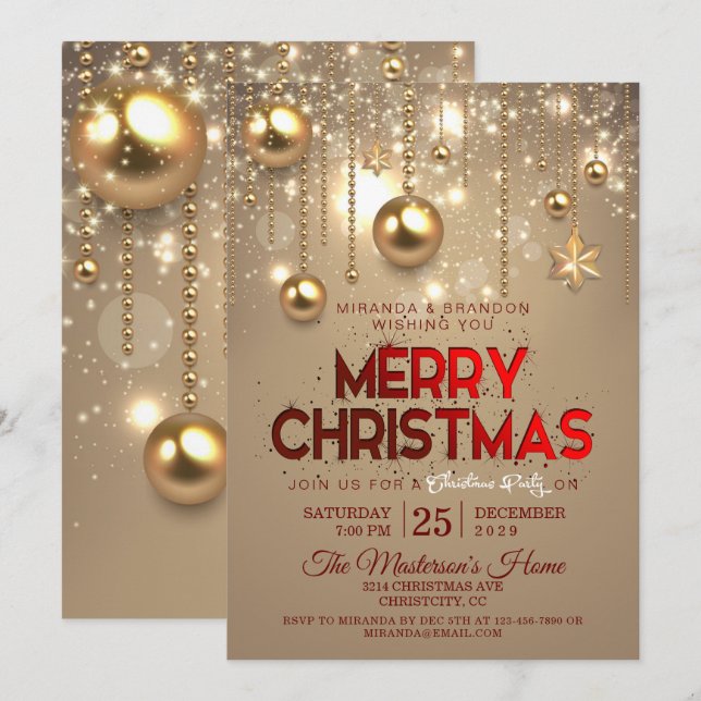 Goldene Weihnachtsbäume & Stars Weihnachten Einladung (Vorne/Hinten)