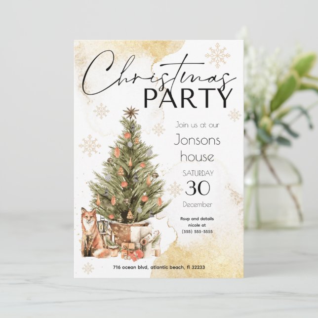 Goldene Weihnachtsbaume Winterzeit-Party Einladung (Stehend Vorderseite)