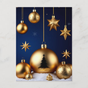Goldene Weihnachtsdekorationen vor dunklem Hinterg Postkarte