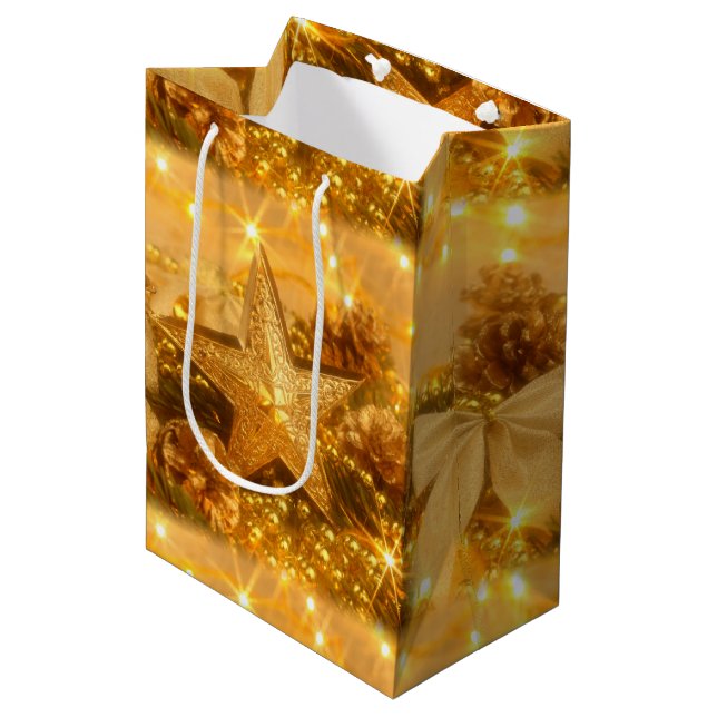 Goldene Weihnachtsgeschenktasche Mittlere Geschenktüte (Vorderseite Schrägansicht)