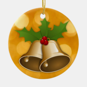 Goldene Weihnachtsglocken und Holly-Ornament Keramik Ornament