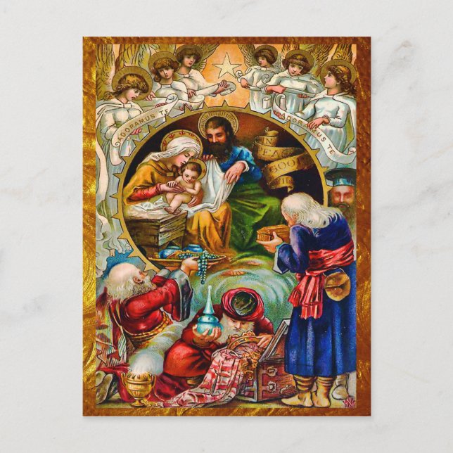 Goldene Weihnachtskrippen-Postkarte Feiertagspostkarte (Vorderseite)