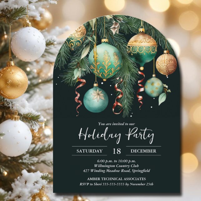 Goldene Weihnachtskugeln Weihnachtsbaum-Party Einladung (Gold and green Christmas Tree Ornaments party invitations, PRINTED and/or INSTANT DOWNLOAD)