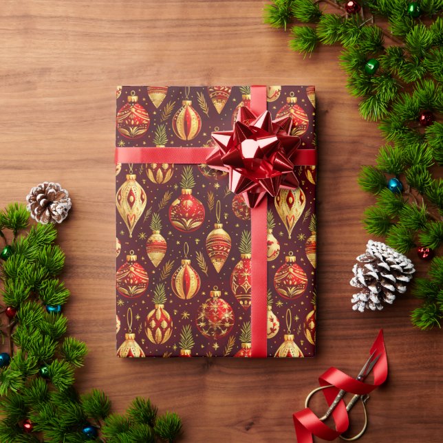 Goldene Weihnachtsschmuck-Kiefernzweige Geschenkpapier (Feiertagsgeschenk)