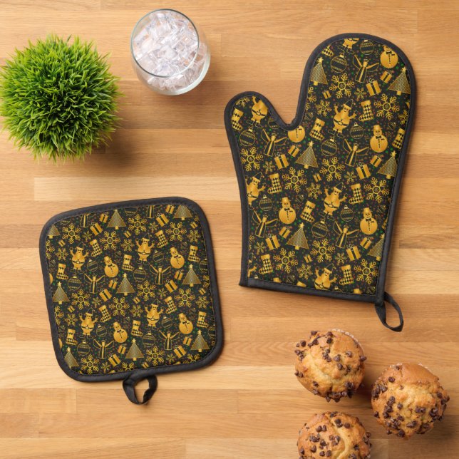 Goldene Weihnachtssymbole Ofenhandschuh & Topflappen-Set (Oben Unten)