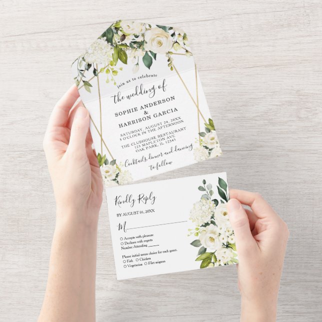 Goldene weiße Hydrangea-Hochzeit All In One Einladung (Abreißen)