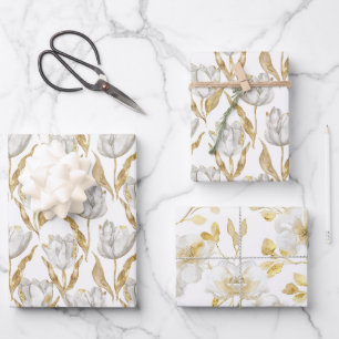 Goldene weiße Tulpen Blumen Brautparty Geschenkpapier Set