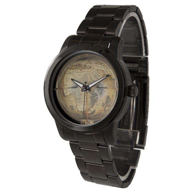 Goldene Weltkarte Armbanduhr (Schrägansicht)