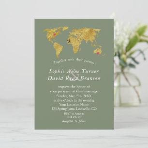 Goldene Weltkarte Zielort Sage Green Hochzeit Einladung