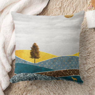 Goldene Wiese mit Baum und Hirsch Kissen