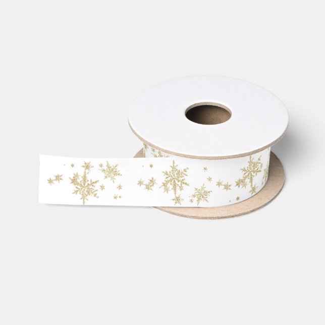 Goldene Winterschneeflocken auf Weiß Satinband (Spule)