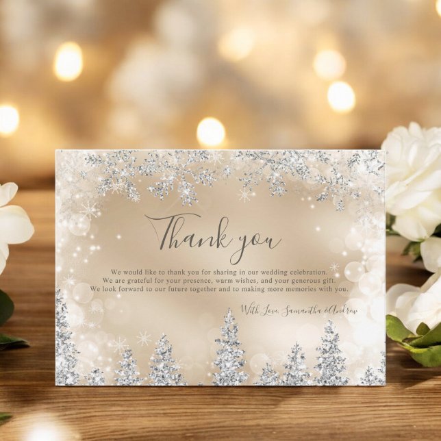 Goldene Winterschneezeit Dankeskarte (Chic gold Winter silver snow pine wedding Thank You Card)