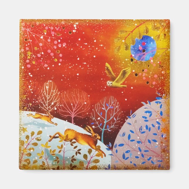 Goldene Winterwaldkaninchen Owl Wasserfarbe Magnet (Vorne)