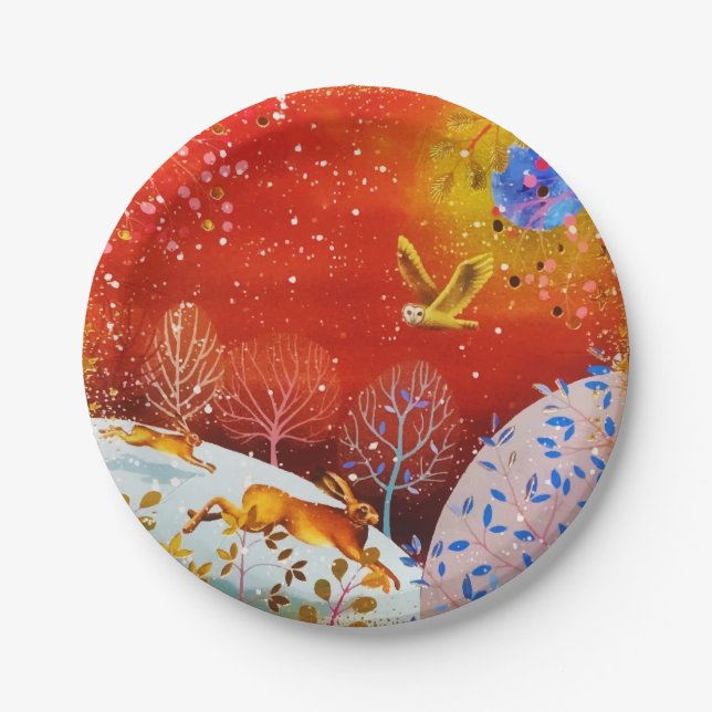Goldene Winterwaldkaninchen Owl Wasserfarbe Pappteller (Vorderseite)