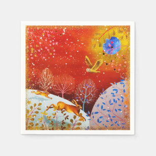 Goldene Winterwaldkaninchen Owl Wasserfarbe Serviette