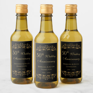 Goldene Wirbel auf schwarz 50. Hochzeitstag Weinetikett
