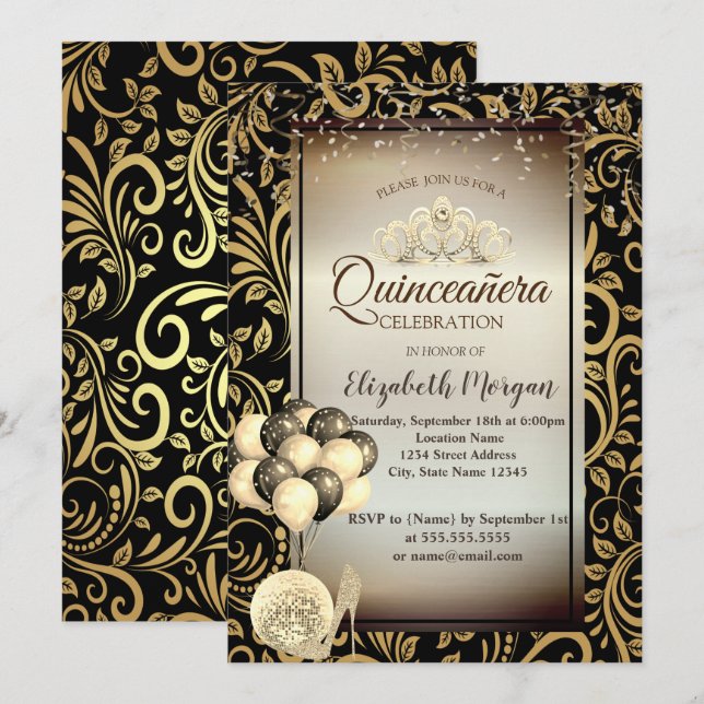 Goldene Wirbel, Balloons, Hochöle, Tiara Quinceañe Einladung (Vorne/Hinten)