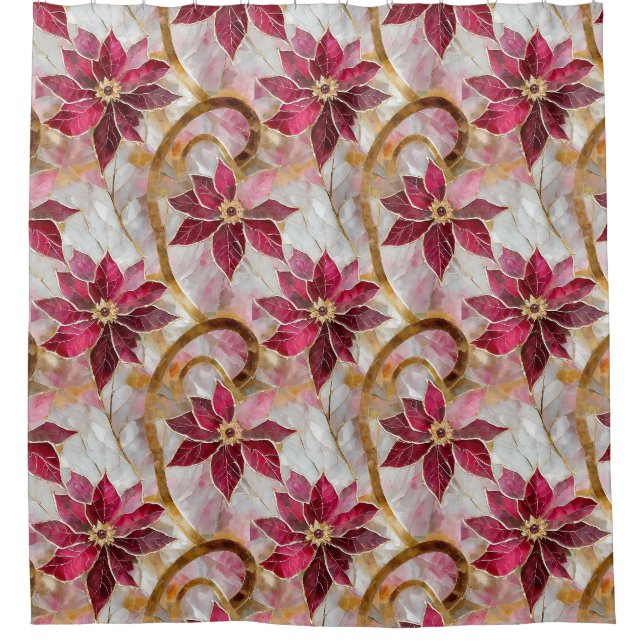 Goldene Wirbel Burgundy Pink Weihnachten Poinsetti Duschvorhang (Vorderseite)